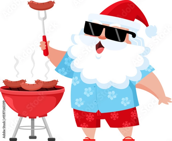 Fototapeta Summer Santa Claus Cartoon Character Grilling Sausages On Barbecue Grill - Vector Illustration Flat Design Isolated On Transparent Background
