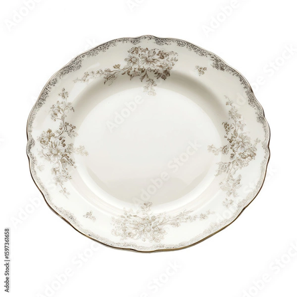 Fototapeta Oval white plate, delicate grey floral pattern