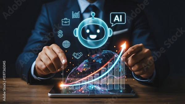 Fototapeta Businessman interacting with an ai chatbot and a rising financial graph symbolizing business growth and technology