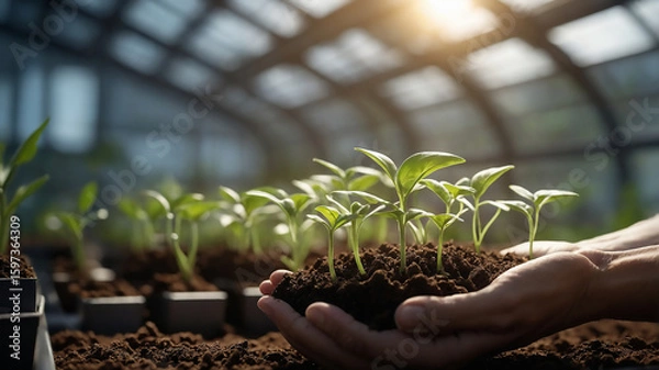 Fototapeta Photorealistic image of human hands gently holding green seedlings with soil