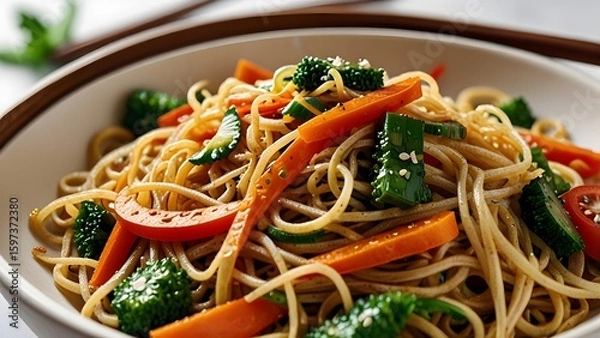Fototapeta Spaghetti and noodles served with shrimp and chicken on a plate