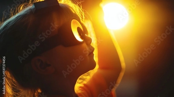 Fototapeta Child in superhero costume, profile view, illuminated by warm light.