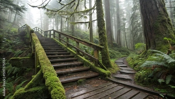 Fototapeta A wooden bridge and a forest path surrounded by trees in nature