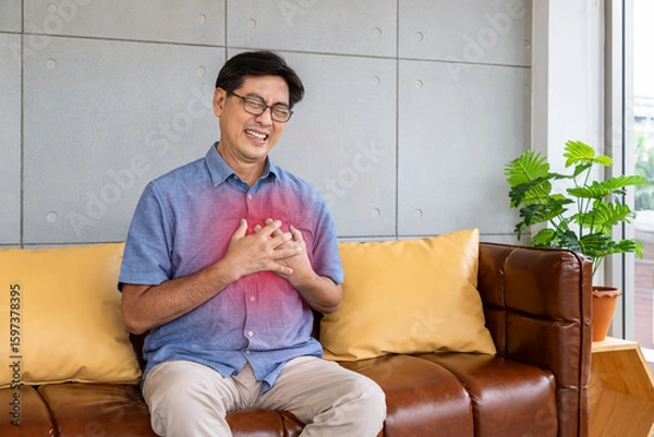 Obraz Asian elderly man suffering from chest pain, possible heart attack, while sitting on a leather sofa at home