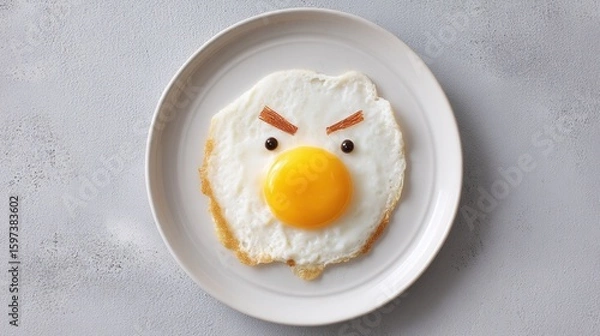 Fototapeta Creative breakfast idea egg with angry face kitchen food art home setting close-up fun presentation