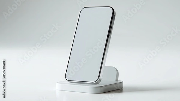 Fototapeta Modern smartphone on a minimalist white charging stand, blank screen.