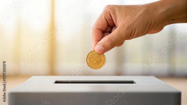 Fototapeta Golden coin block placed into empty slot — funding a growing business
