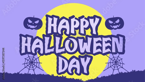 Obraz Spooky Happy Halloween Day Text with Pumpkins and Spiderwebs.