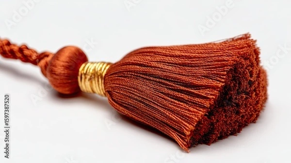 Fototapeta Close-up view of a decorative tassel with a golden band and textured cord, isolated.