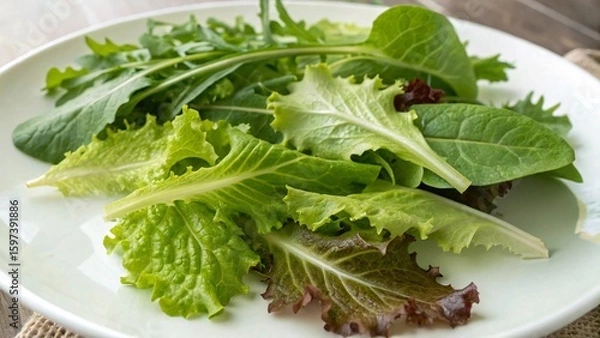 Fototapeta A plate of fresh, healthy green salad with crisp lettuce and mixed organic vegetables