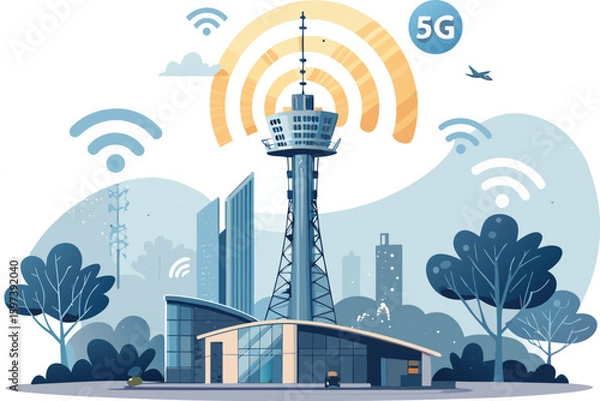 Fototapeta 5G Network Illustration – High-Speed Signal, Tower with Wi-Fi Waves –