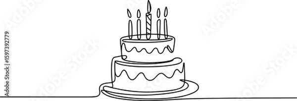 Obraz Continuous Line Drawing of Birthday Cake with Candles on white background