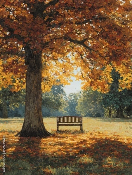 Fototapeta Autumnal Serenity: Bench Under Golden Tree in Fall Landscape Painting Style