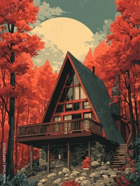 Fototapeta A-Frame Cabin in Autumn Forest: Cozy Getaway Surrounded by Fall Foliage