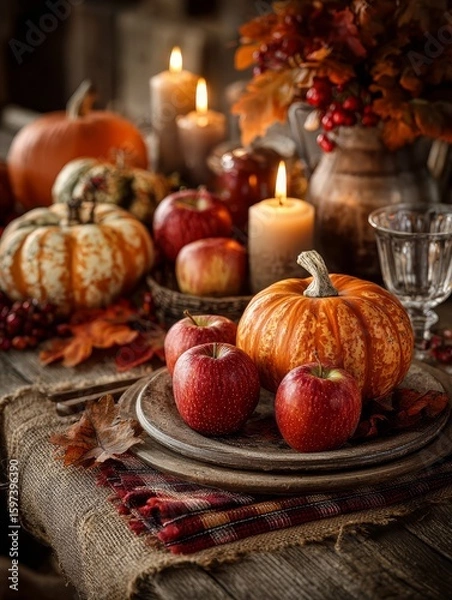 Fototapeta Rustic Autumn Harvest Table Setting with Pumpkins, Apples, and Candles for Thanksgiving