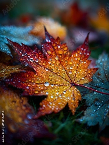 Fototapeta Autumnal Maple Leaf Adorned with Sparkling Dew Drops