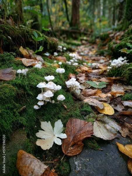 Fototapeta Autumnal Forest Floor with Mushrooms, Moss, and Fallen Leaves - A Natural Woodland Scene in the Fall.
