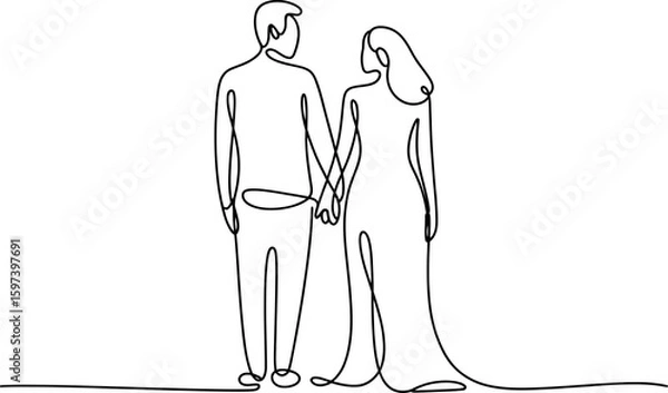 Fototapeta Continuous line drawing of a couple holding hands together on white background