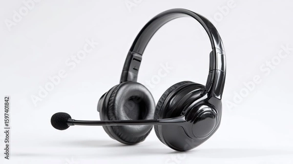 Fototapeta Sleek black wireless headset with microphone, isolated on white background.