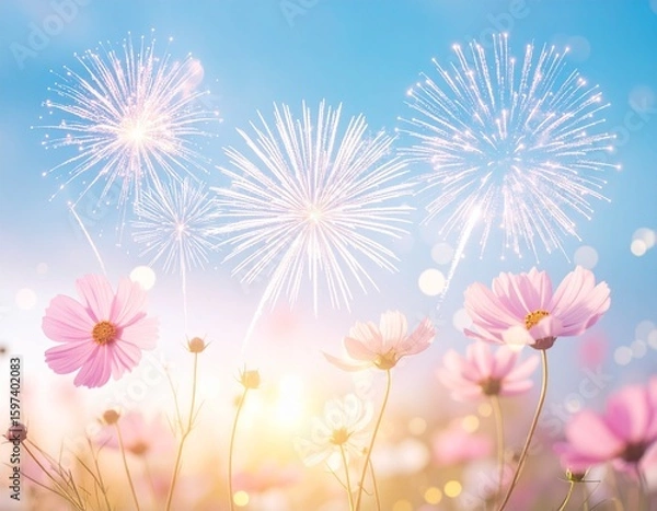 Fototapeta Generated image 花火 コスモス ピンクの花 空 青空 夢 幻想的 美しい ロマンチック 夏 秋 光 ボケ 祝祭 キラキラ 色とりどり フェスティバル イベント 自然 花畑 パステルカラー 屋外 穏やか 希望 感動 癒し 夕暮れ 朝日 フラワーアート ノスタルジック ポエティック ドリーミー グラデーション レンズフレア 明るい 積雲 清々しい 美景 シーズン 日本 サマーイベント 