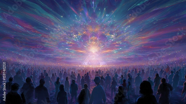 Fototapeta Vibrant digital artwork depicting an electrifying festival scene with central figures radiating intricate patterns of luminous rays, celestial-like auras through dynamic light emissions amidst