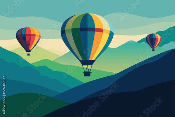 Obraz colorful hot air balloons floating over green  