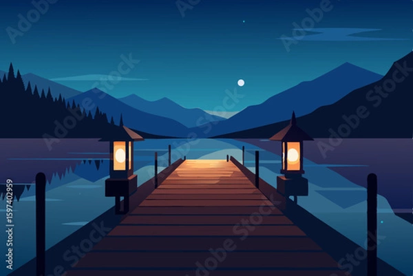 Obraz cozy lakeside dock with lanterns glowing at twilig.svg