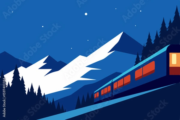 Obraz cozy train ride through snowy mountains  windows 