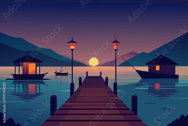 Obraz dusk over a fishing dock with nets  boats  