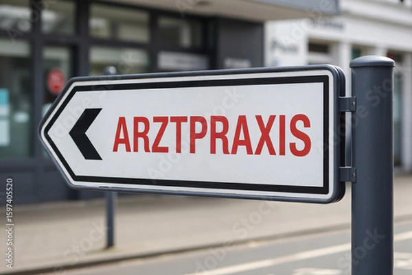 Obraz Close up of modern clean direction sign with red text "Arztpraxis" in sunny outdoor setting. Indicates way to medical clinic with blurred background
