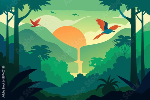 Obraz flat vector jungle scene with dense trees 