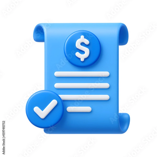 Obraz 3D invoice document icon with dollar sign and approval check mark in blue, isolated on transparent background