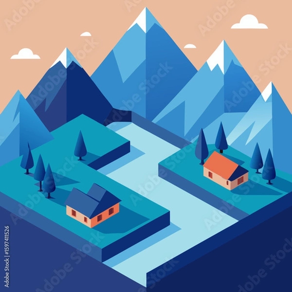 Obraz isometric landscape with rivers  mountains  