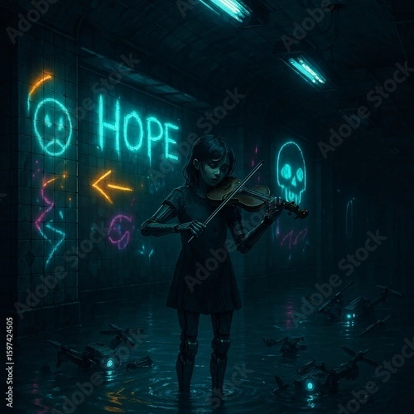 Fototapeta Elegy for the Machine Heart – Cyberpunk Violinist in a Submerged Subway Wasteland