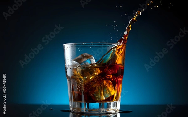 Obraz Refreshing cola drink with ice cubes splashing in a glass on blue background
