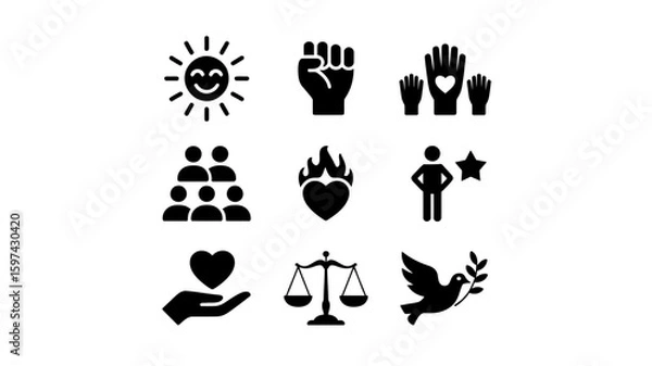 Fototapeta Collection of nine diverse black silhouette icons representing positive concepts isolated on white background silhouette