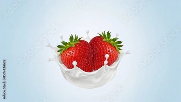 Fototapeta Two red strawberries splashing into white milk on a light blue background