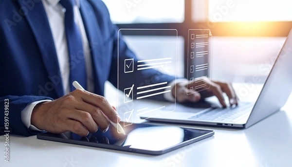 Fototapeta Businessman using digital tablet and laptop for online checklist and document management