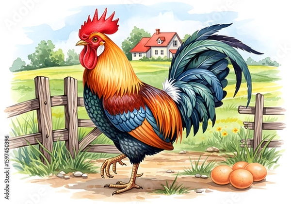 Obraz Colorful watercolor rooster illustration in a rustic farmyard setting with vibrant, hand-painted art perfect for organic egg packaging and kitchen decor
