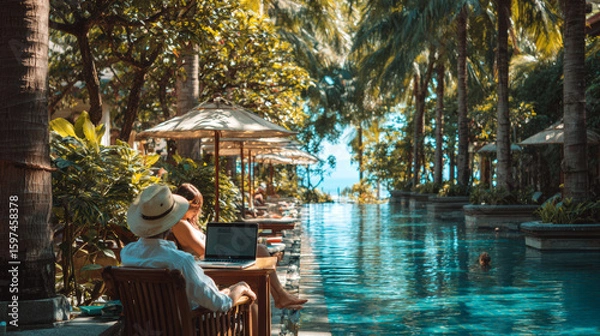 Fototapeta In Thailand, a freelancer works near a pool while a companion relaxes, blending serenity and productivity