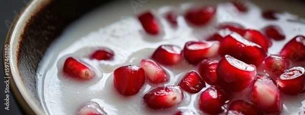 Obraz clowe up of bowl of coconut milk and pomegranate seeds on blurred background  Healthy breakfast concert. banner 