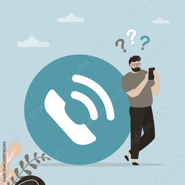 Fototapeta User man receive incoming call. Phone Call. Communication device. Male character standing near giant income symbol or button.