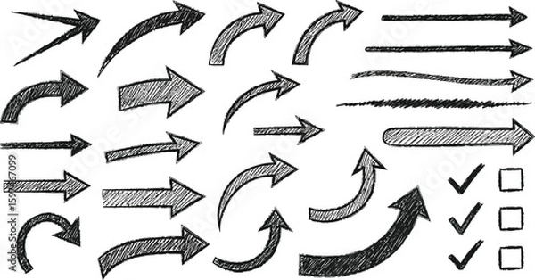 Fototapeta Hand drawn arrows vector set, sketch arrow collection, direction pointers, doodle arrow graphic design