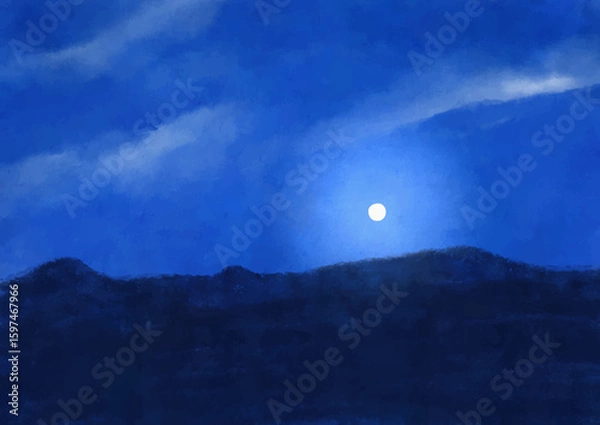 Fototapeta 月と山の稜線が見える夜空の風景のイラスト素材　ベクター
