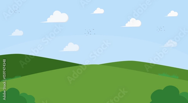 Fototapeta Landscape background, bright green grass field, blue sky with clouds behind, green tone color to match nature.