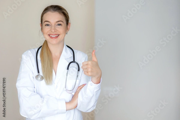 Fototapeta Smiling doctor giving thumbs-up with a confident expression in clinic setting