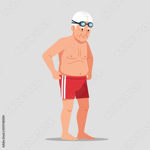 Fototapeta Older Man Wearing Swim Cap and Goggles in Red Shorts Standing