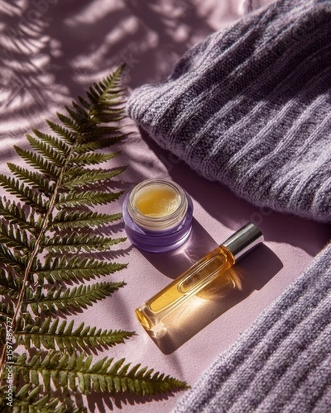 Obraz Relaxing nighttime skincare setup with purple mask and lavender serum on soft background, ideal for beauty blog posts and social media content.
