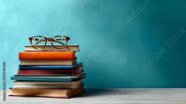 Obraz This image showcases a stack of colorful books topped with stylish eyeglasses, creating a perfect scene for book lovers and a cozy reading environment.