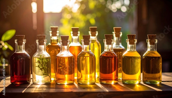 Fototapeta A collection of glass bottles filled with various colorful oils, illuminated by sunlight.